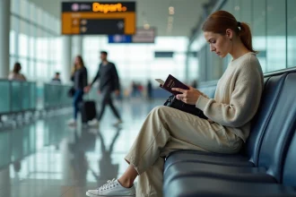 Jeune femme dans un aéroport vérifiant son passeport