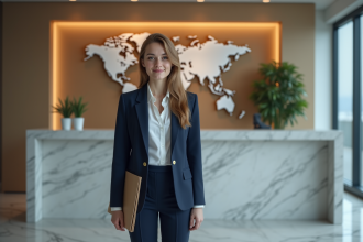 Jeune femme confiante en blazer navy devant une reception moderne