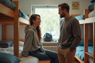 Jeune femme discutant avec un voyageur dans une auberge conviviale