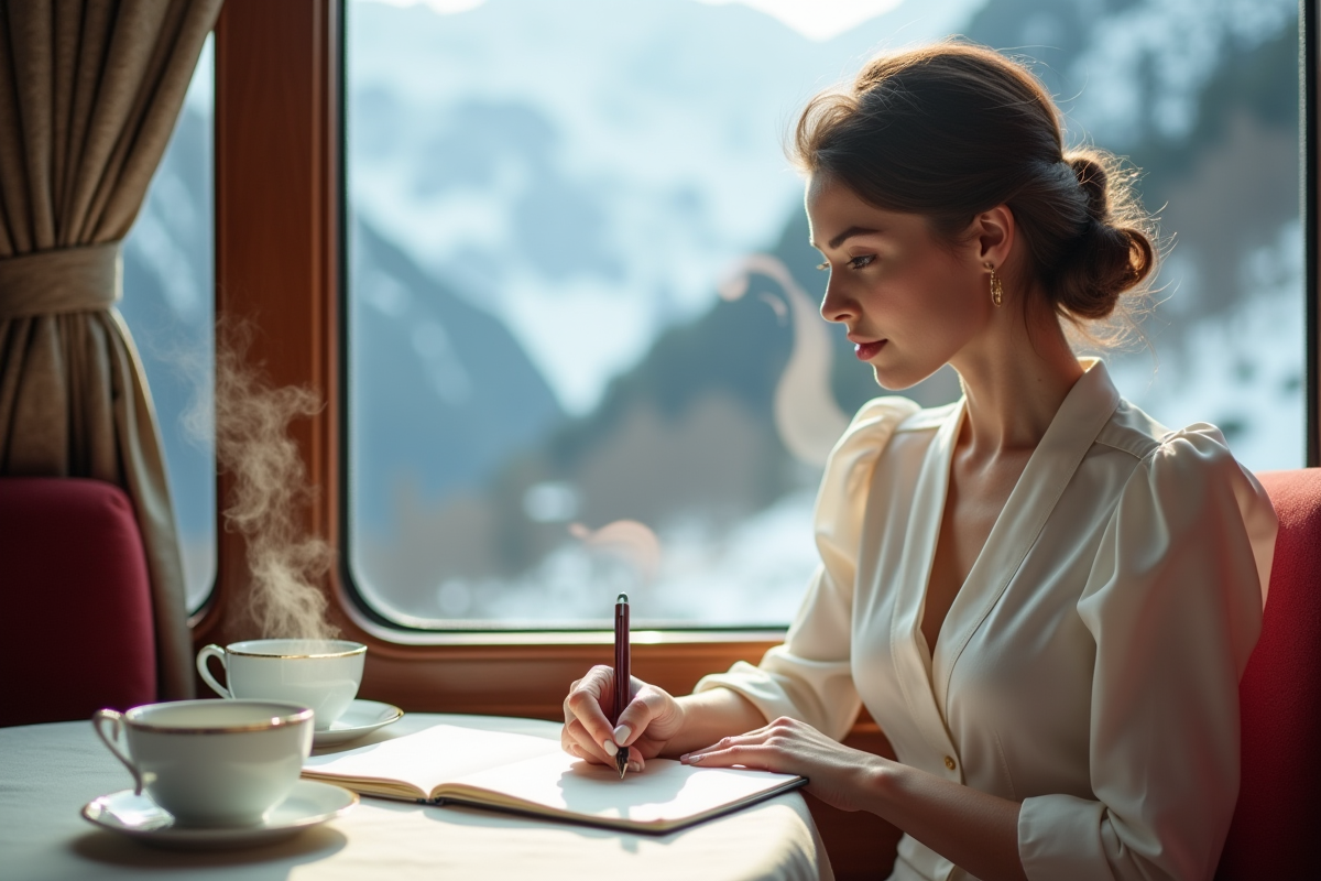 Jeune femme écrivant dans un train alpin en voyage