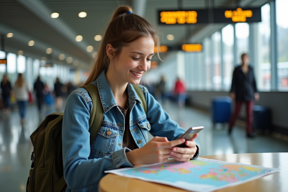Jeune femme avec carte et smartphone dans une gare