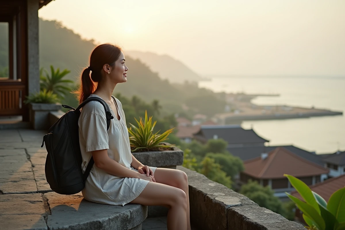 Jeune femme assise sur une terrasse au lever du soleil à Padangbai