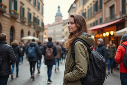 Jeune femme en voyage dans une place historique européenne