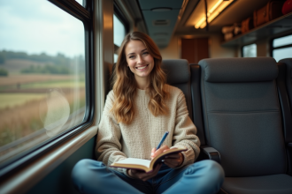 Jeune femme dans un train en train de dessiner dans un carnet