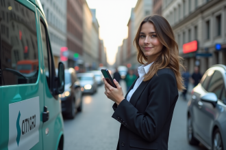 Jeune femme professionnelle avec smartphone devant voiture Citygo