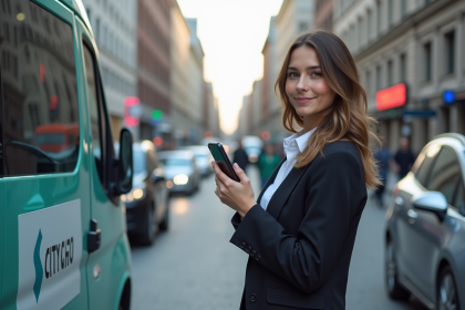 Jeune femme professionnelle avec smartphone devant voiture Citygo