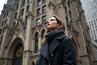 Jeune femme regardant le bâtiment Woolworth à Manhattan