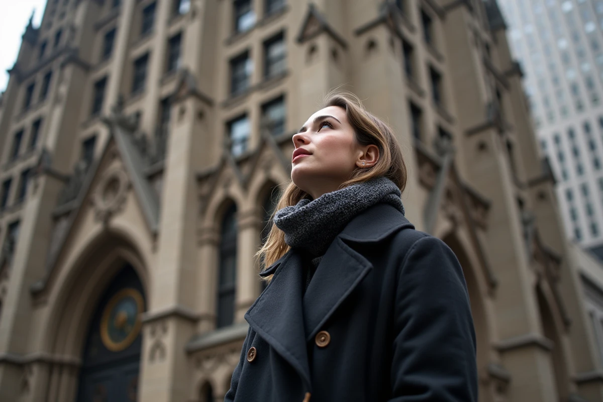 Jeune femme regardant le bâtiment Woolworth à Manhattan