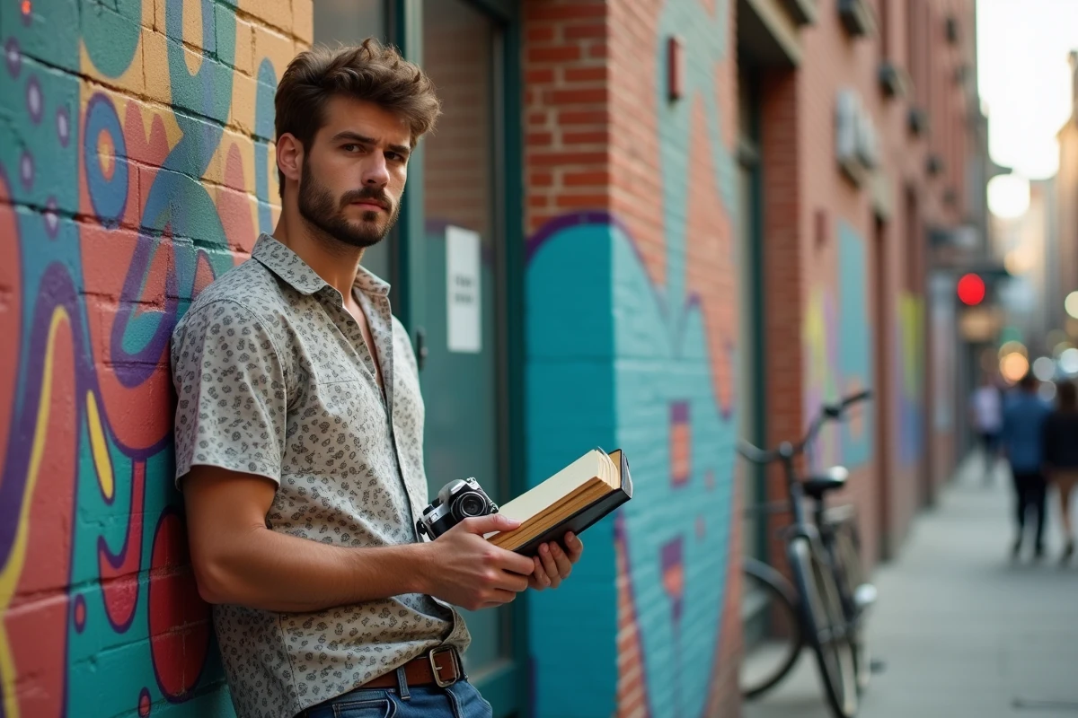 Jeune homme posant devant un mur de street art urbain