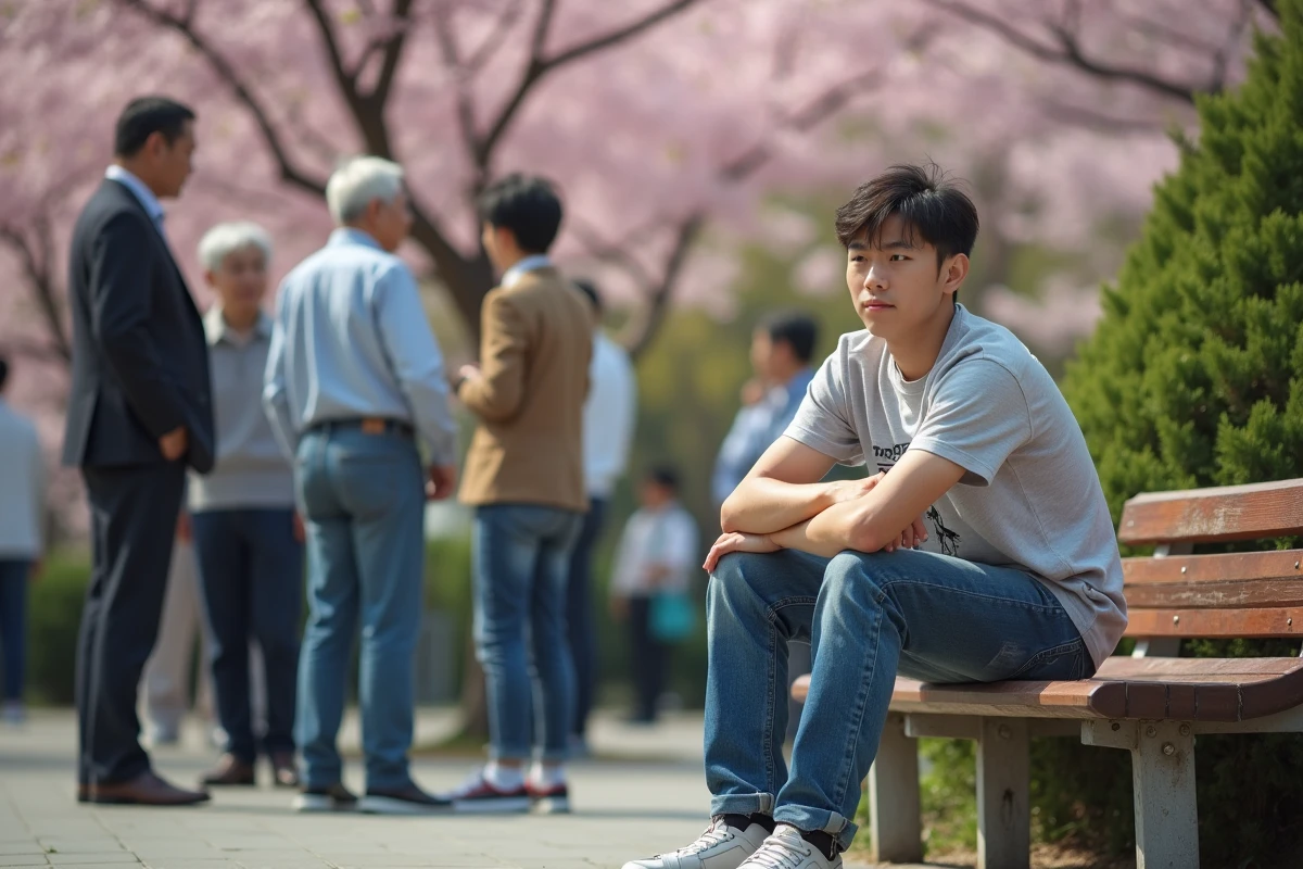 Jeune homme japonais assis sur un banc dans un parc printanier