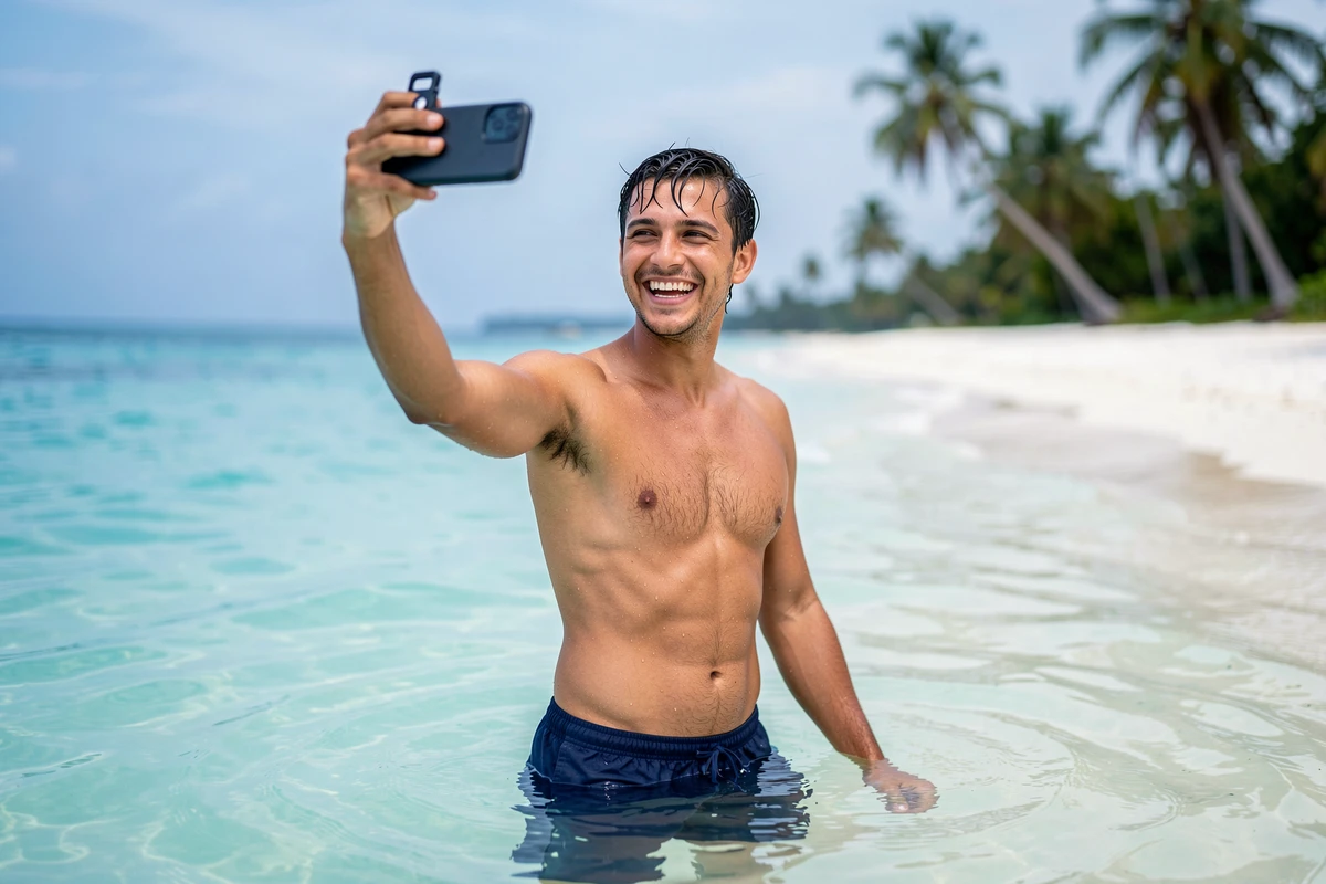 Jeune homme prenant un selfie dans la mer turquoise pour partager ses vacances sur Instagram ou WhatsApp