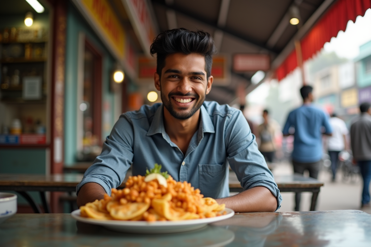 Jeune homme dégustant un plat de street food indien en ville