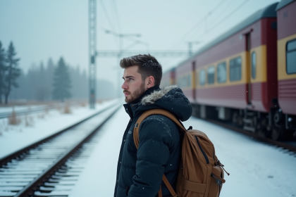 Jeune homme regardant le train sur la plateforme enneigee