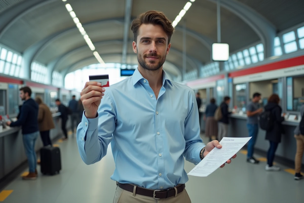 Jeune homme fran&ccedil;ais au guichet de train
