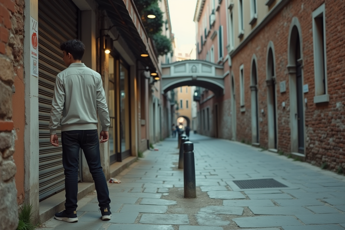 Jeune homme local regardant derrière lui dans une rue de Venise