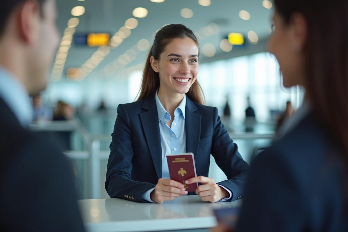 Jeune professionnel à l'aéroport avec passeport et carte santé