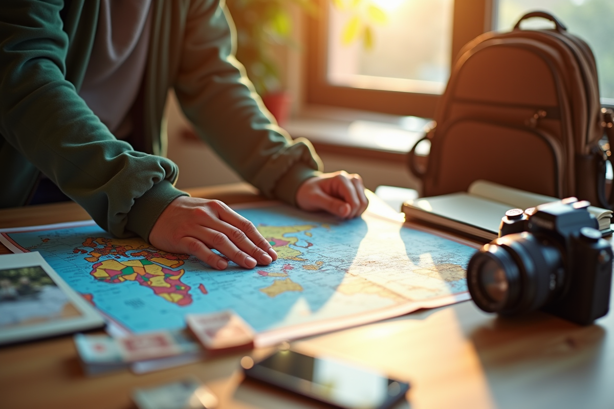 Jeune voyageur préparant un itinéraire sur une table ensoleillée