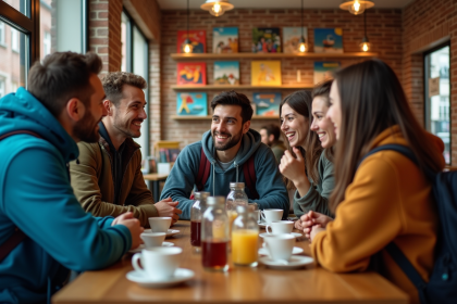 Groupe de jeunes voyageurs discutant dans un hostel convivial