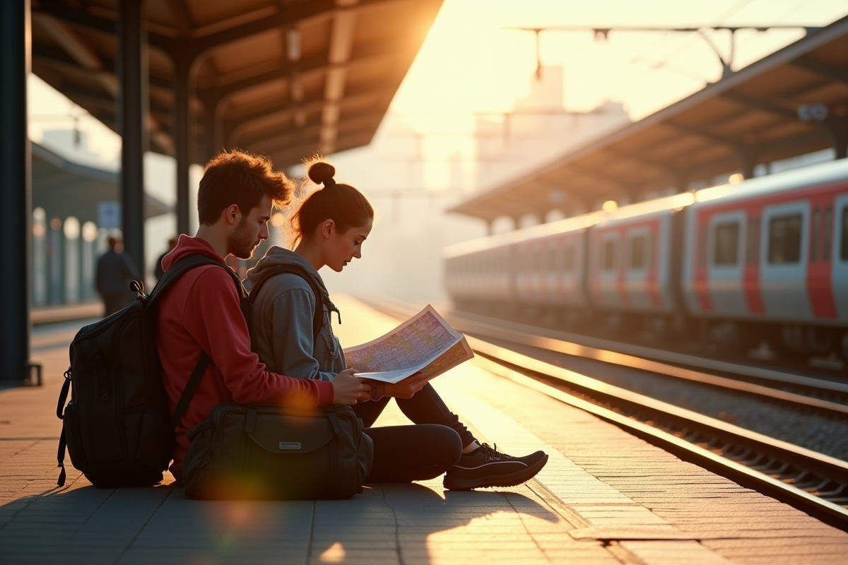 Jeunes voyageurs à la gare au matin avec sac à dos