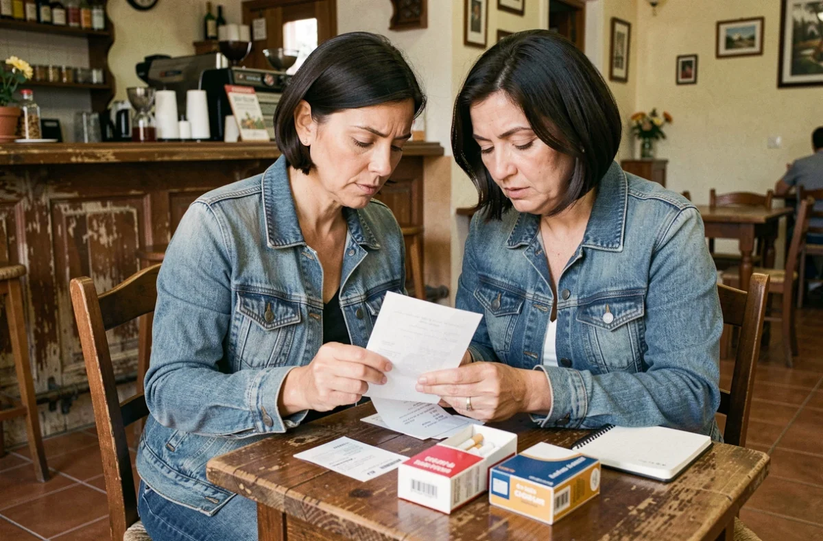 Femme vérifiant ses justificatifs d'achat de cigarettes en Espagne avec tickets de caisse et cartouches sur une table de café