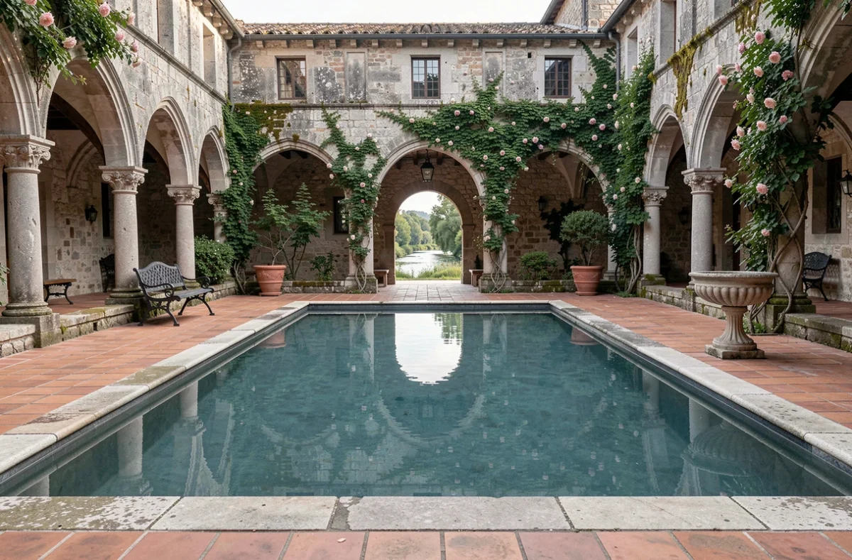 Piscine des Carmes and Spa à L'Isle-sur-la-Sorgue dans le jardin d'un couvent carmélite avec arcades en pierre et reflets symétriques