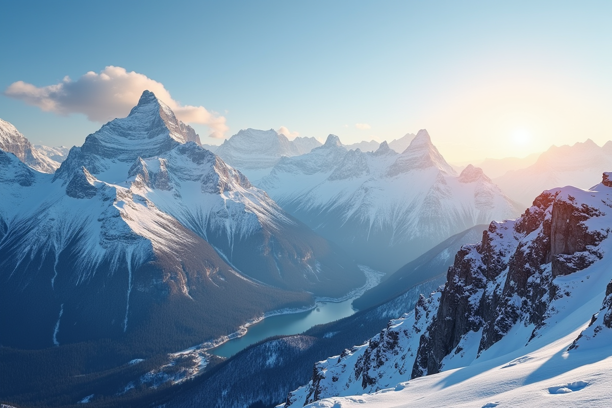 Vue panoramique des Alpes enneigees au lever du soleil