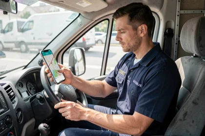 Livreur professionnel consultant un itinéraire GPS sur smartphone dans sa camionnette de livraison