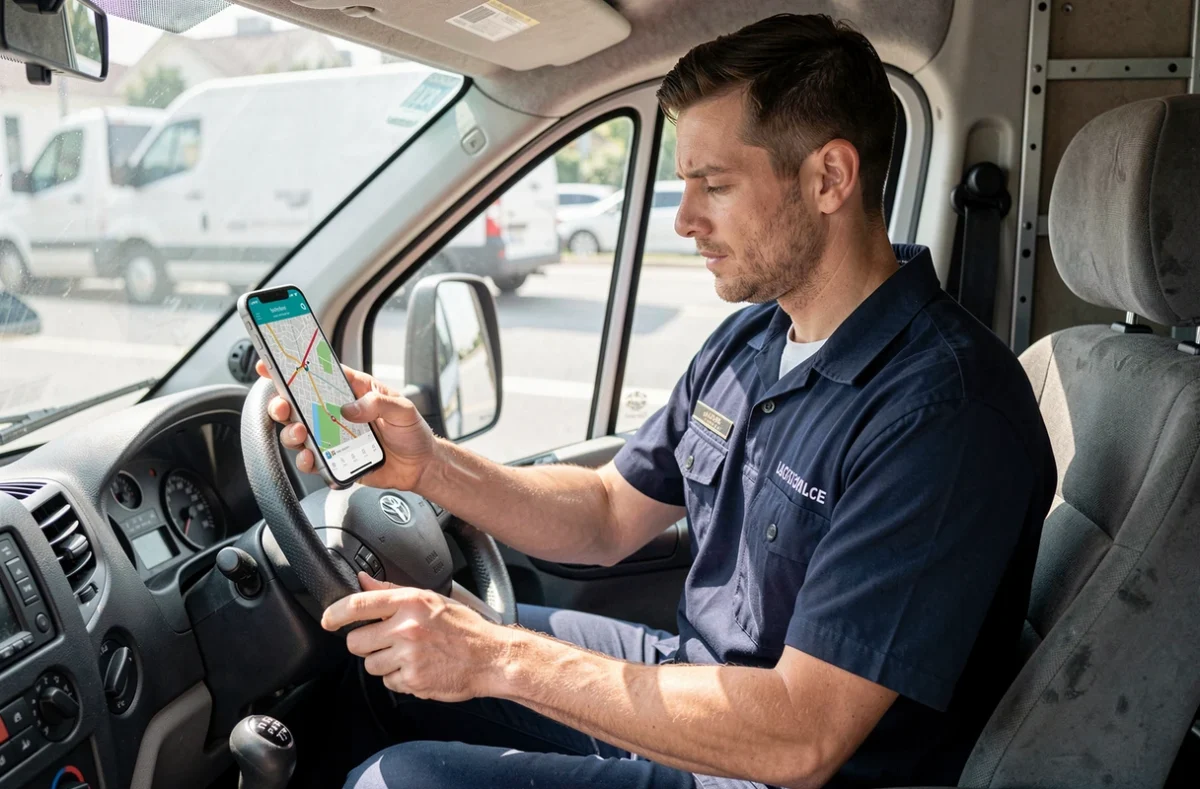 Livreur professionnel consultant un itinéraire GPS sur smartphone dans sa camionnette de livraison