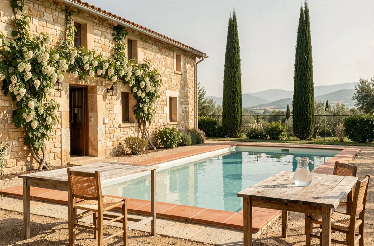 Piscine champêtre du Logis Hôtel la Ferme près d'Avignon avec murs en pierre provençale couverts de vigne vierge