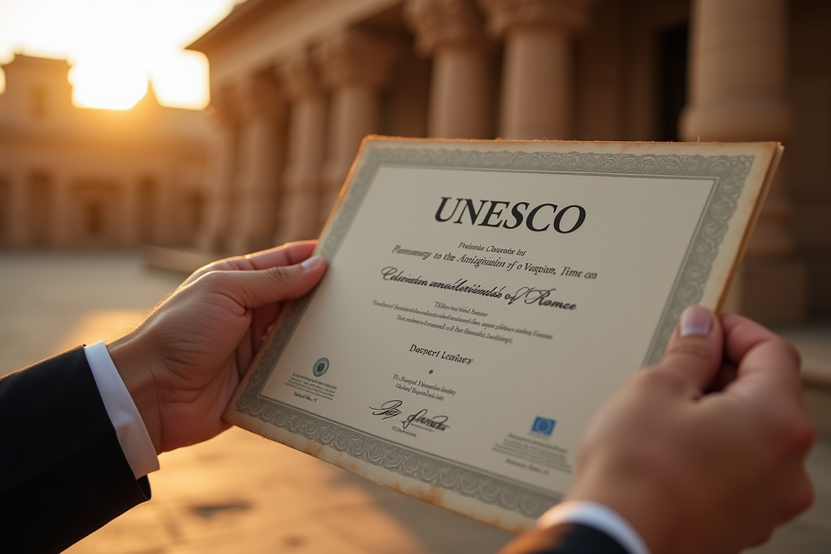 Mains tenant un certificat UNESCO près d