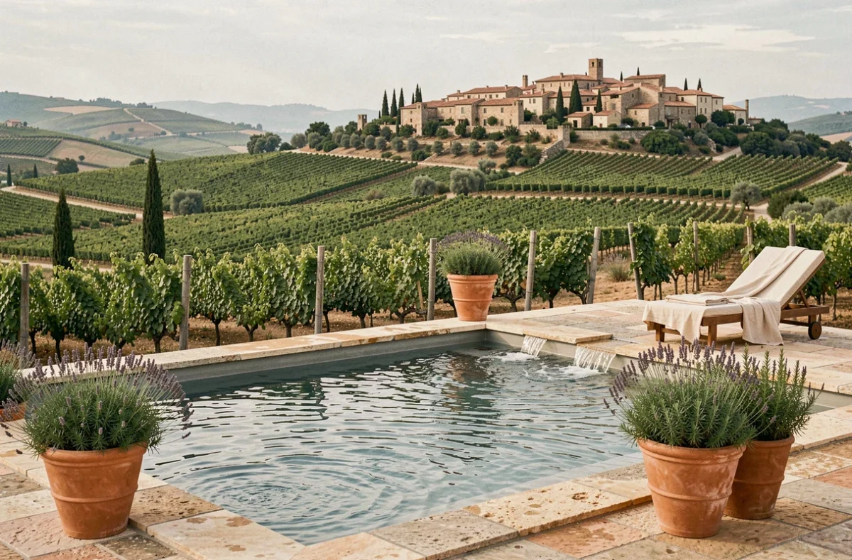 Piscine de la Maison Bérard et Spa à La Cadière-d'Azur avec vue sur les vignobles de Bandol en terrasse