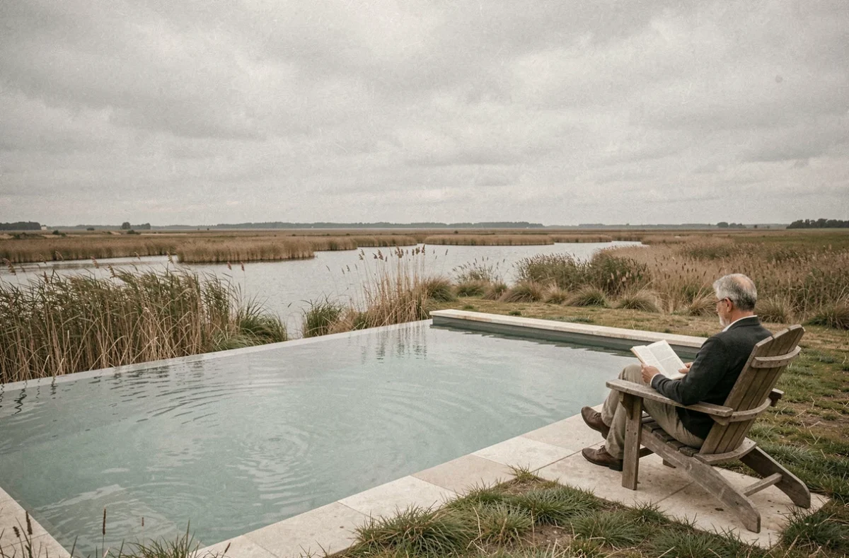 Piscine privée de la Maison des Étangs à Lindre-Basse avec vue sur les étangs sauvages de Lorraine