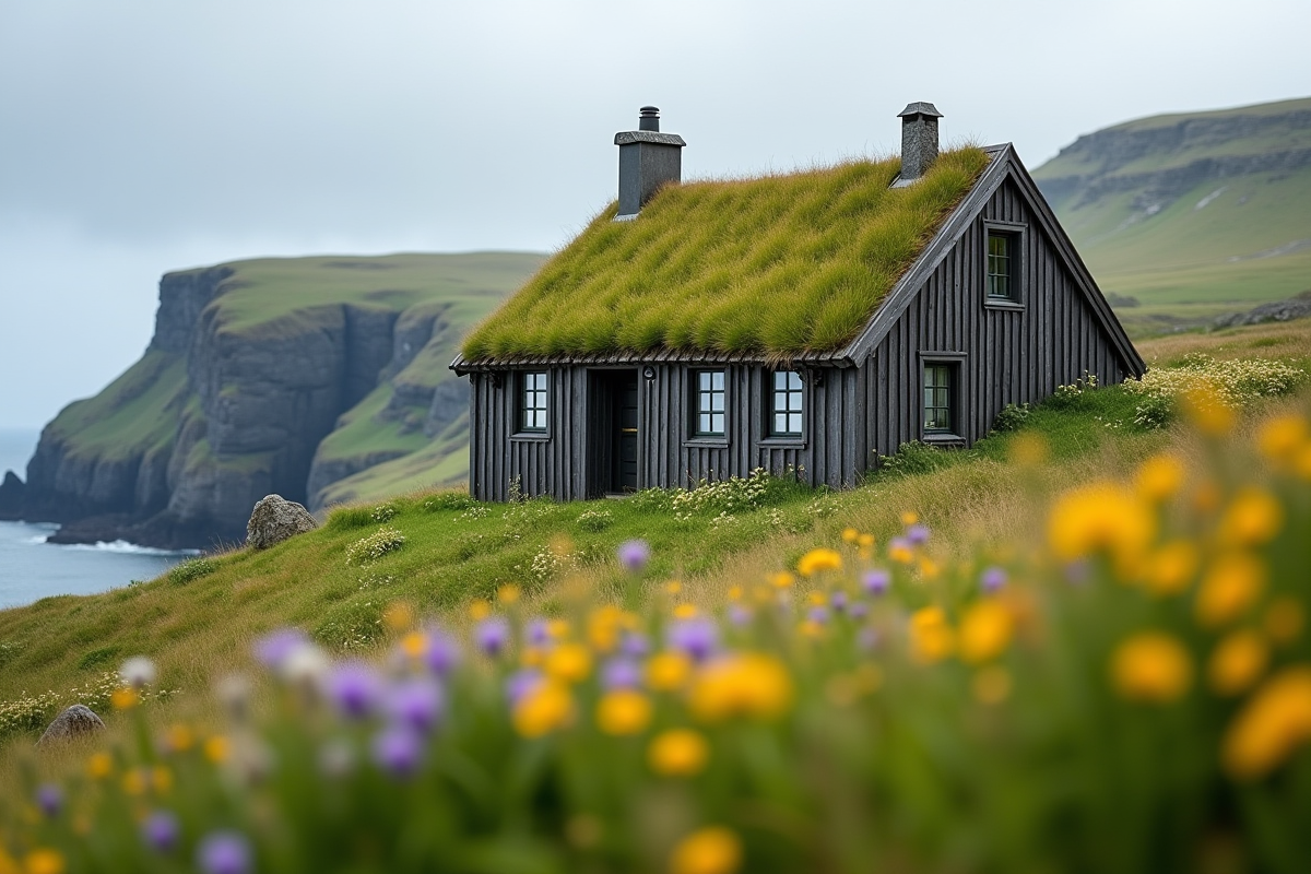 Maison traditionnelle à toit en gazon aux Faroe