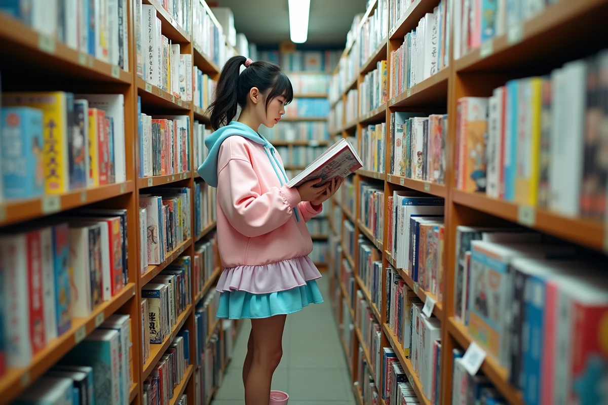 Jeune femme en tenue Harajuku feuilletant des mangas dans une librairie spécialisée d'Akihabara à Tokyo