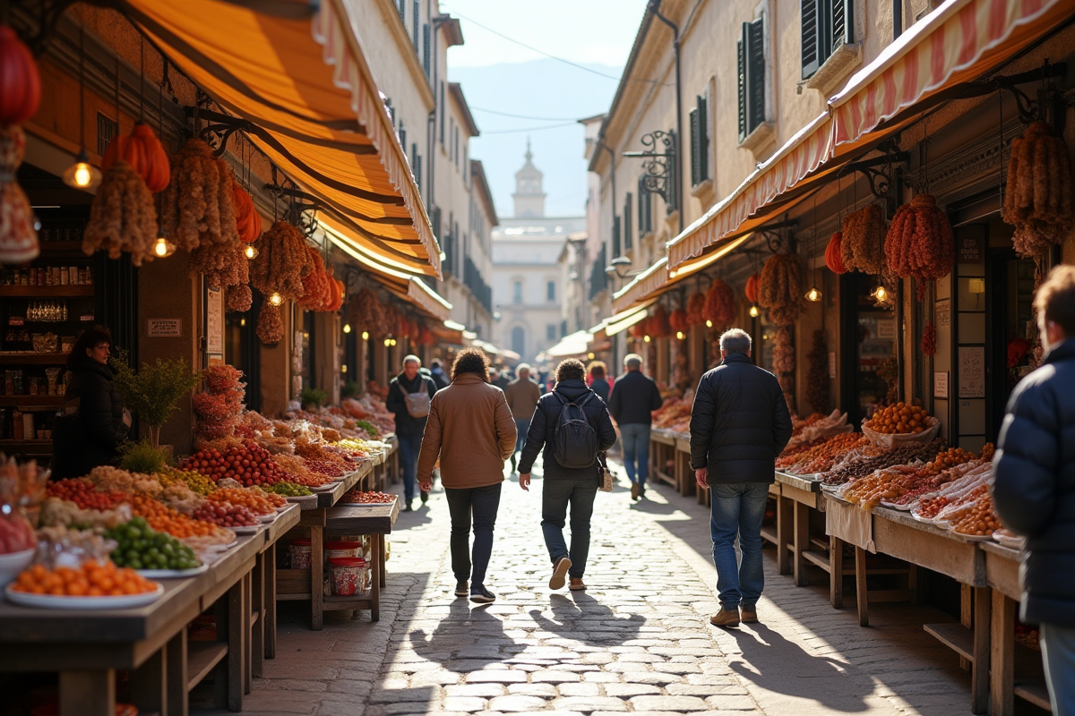 Marché en plein air dans un village historique avec touristes et artisans