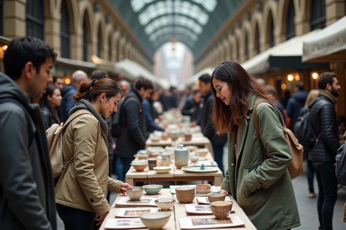 Marché d'artistes animé sous les arches en fonte de SoHo New York avec artisanat local et céramiques faites main