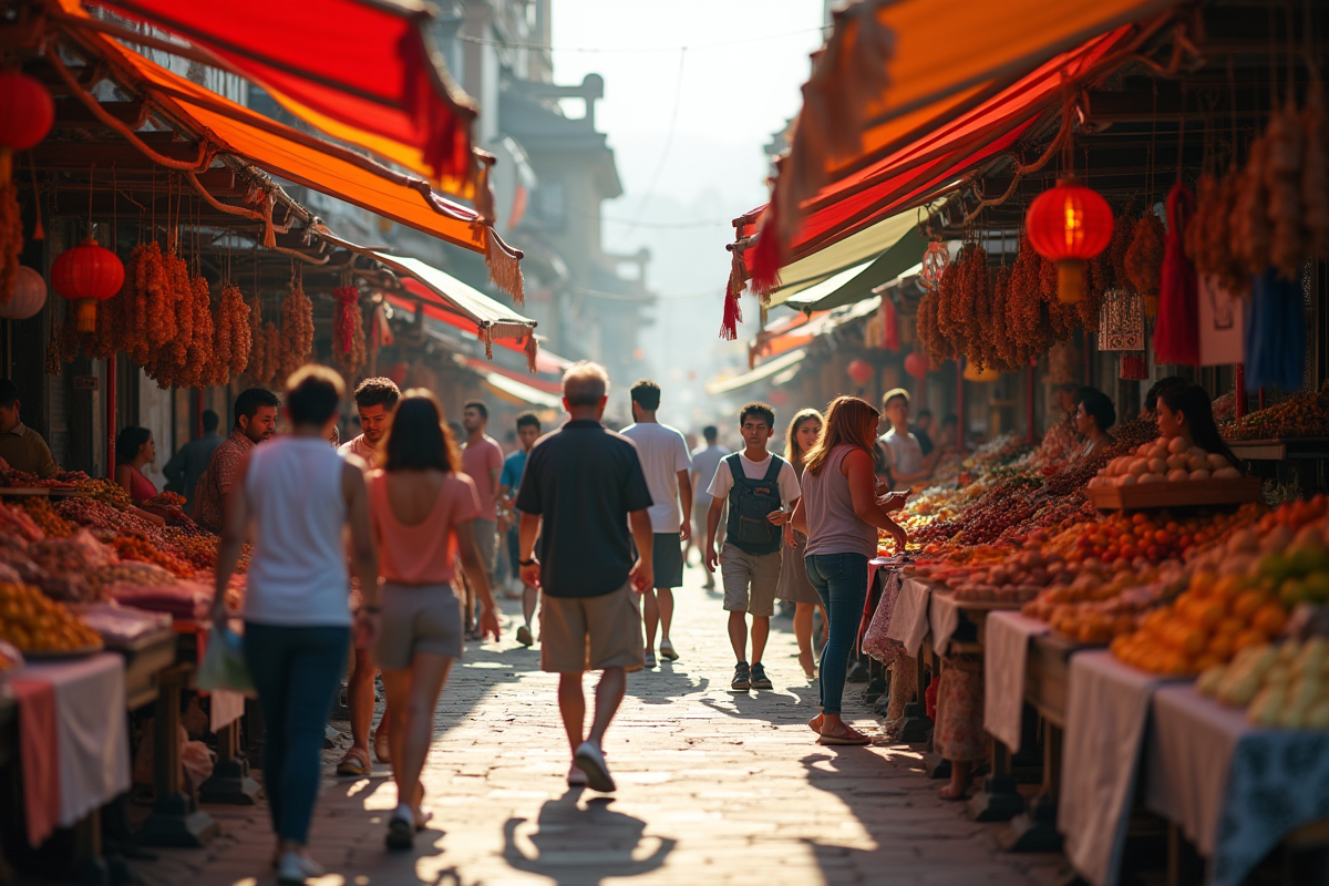 Marché en plein air animé dans une ville touristique