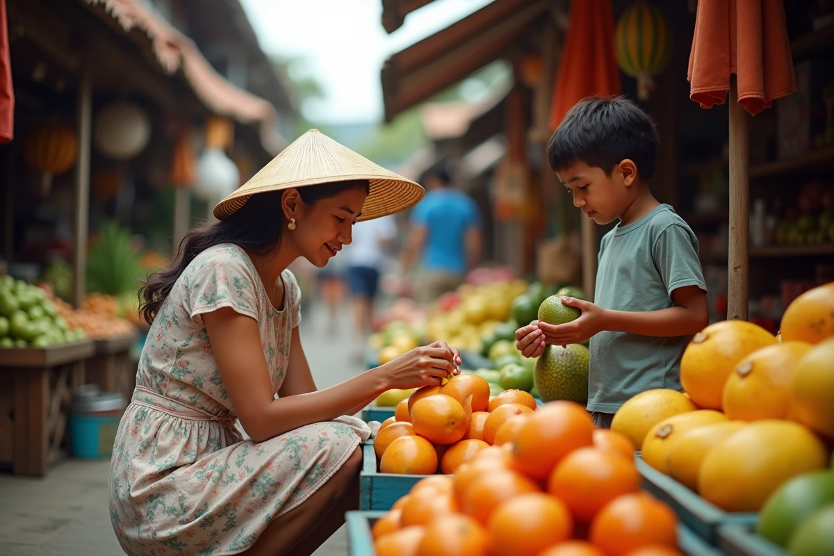 Mère et fils choisissant des fruits tropicaux sur un marché en Asie du Sud-Est pendant un voyage en famille économique