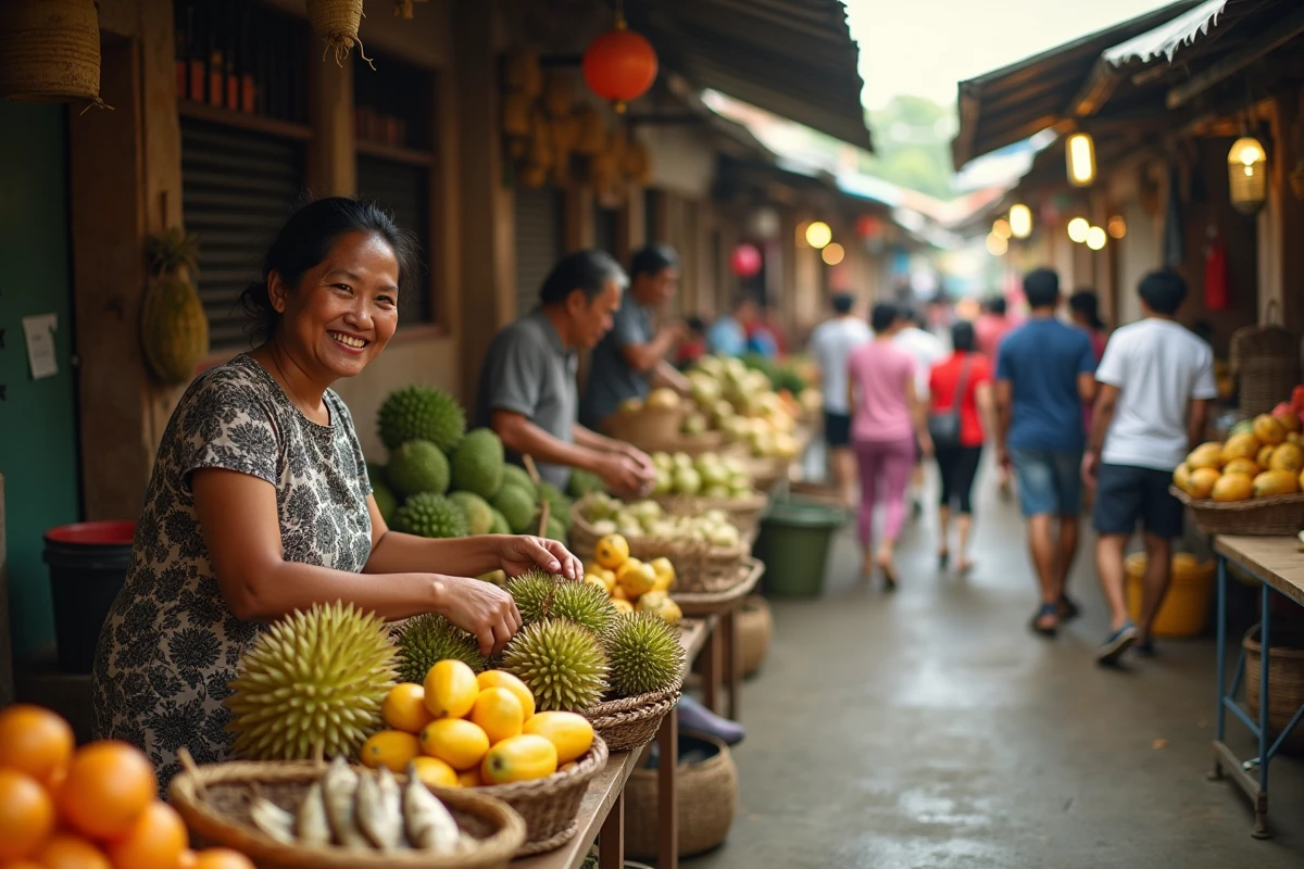 Marché traditionnel animé à Cagayan de Oro avec des vendeurs de fruits tropicaux à Mindanao Philippines