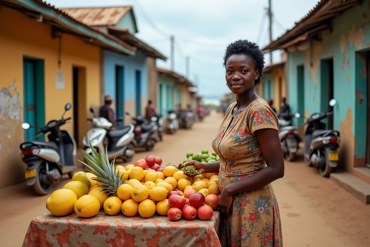 Vendeuse de fruits dans un marché matinal coloré d'une ville côtière méconnue d'Afrique de l'Ouest, ambiance authentique et locale
