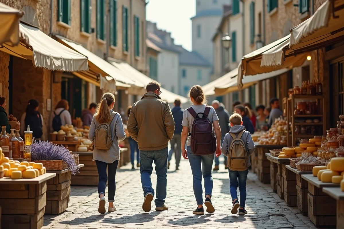 Famille découvrant le marché médiéval de Saint-Valery-sur-Somme avec produits locaux de la baie