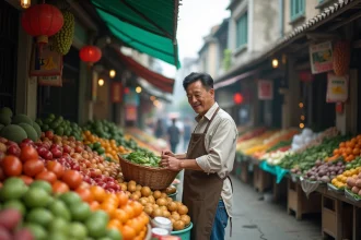 Marché de rue animé à Guangzhou avec un vendeur local et des étals colorés de fruits et légumes frais