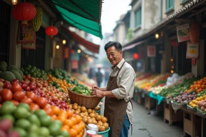 Marché de rue animé à Guangzhou avec un vendeur local et des étals colorés de fruits et légumes frais