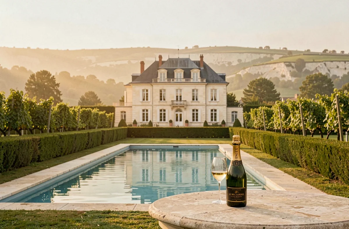Bassin privatif du Mas Champenois à Épernay entouré de vignes de Champagne et de haies soignées