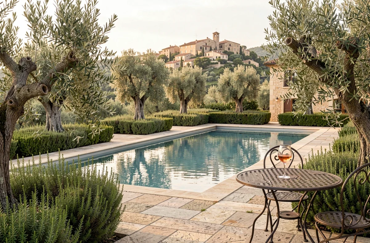 Piscine à débordement du Mas de Pierre à Saint-Paul-de-Vence entourée d'oliviers centenaires et de pavés provençaux