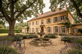 Façade d'une chambre d'hôtes typique en Gironde entourée de vignes et de jardins verdoyants