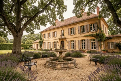 Façade d'une chambre d'hôtes typique en Gironde entourée de vignes et de jardins verdoyants