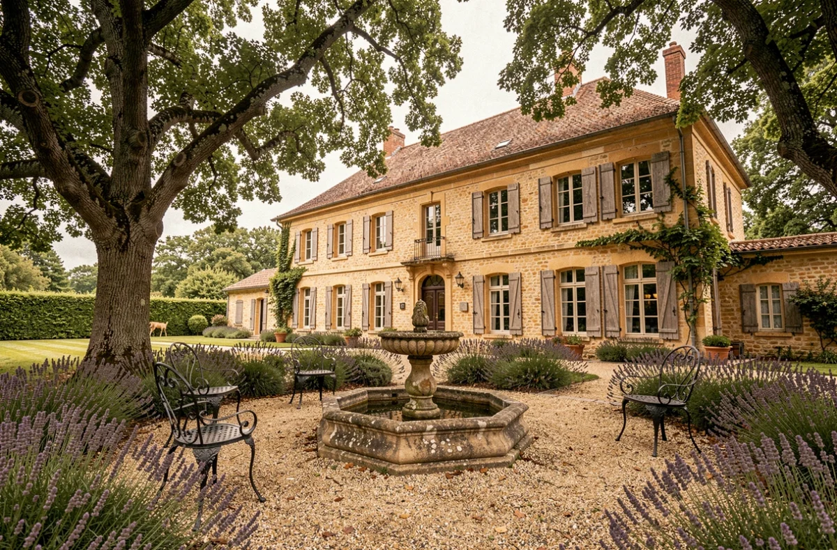 Façade d'une chambre d'hôtes typique en Gironde entourée de vignes et de jardins verdoyants