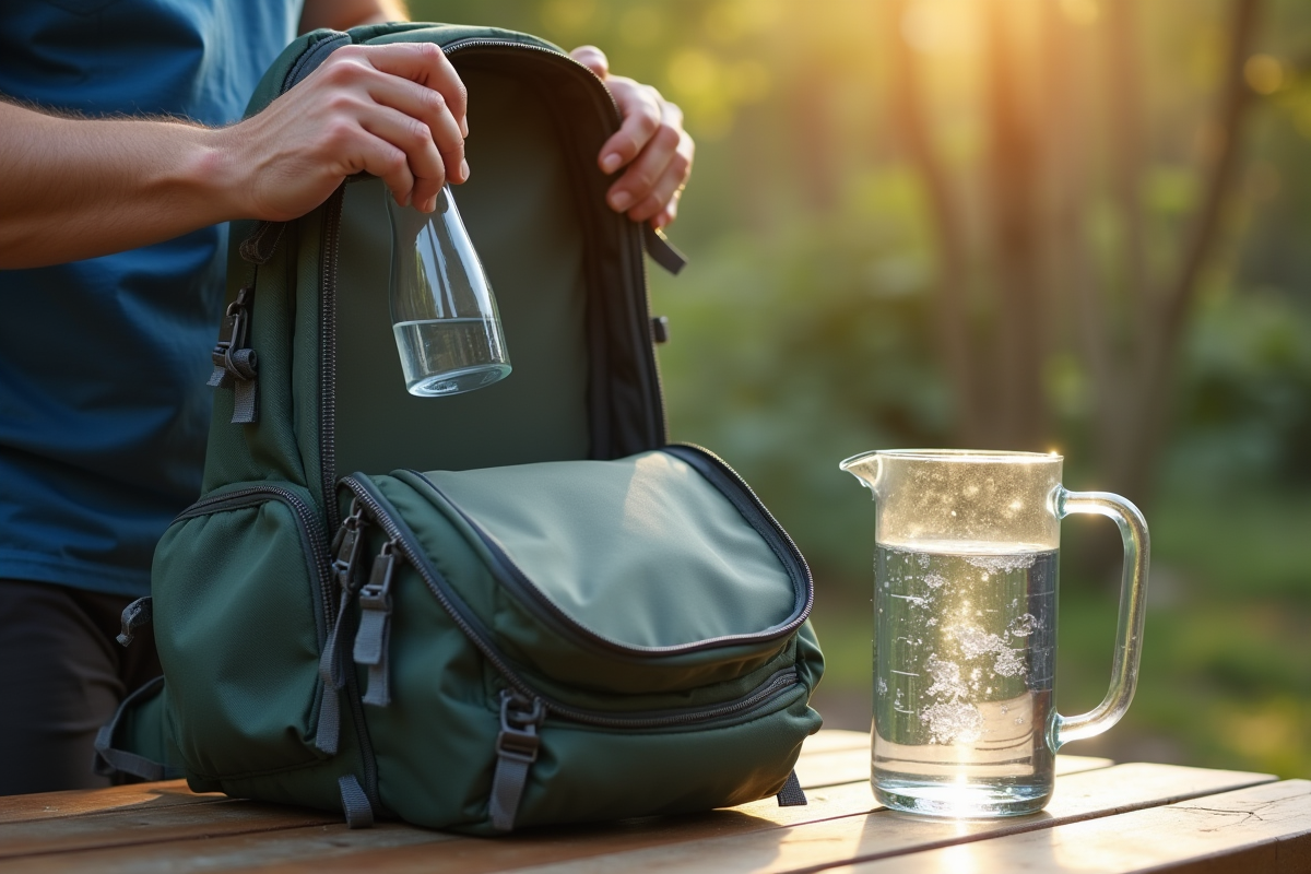 Hiker mesurant le volume d'un sac à dos en plein jour
