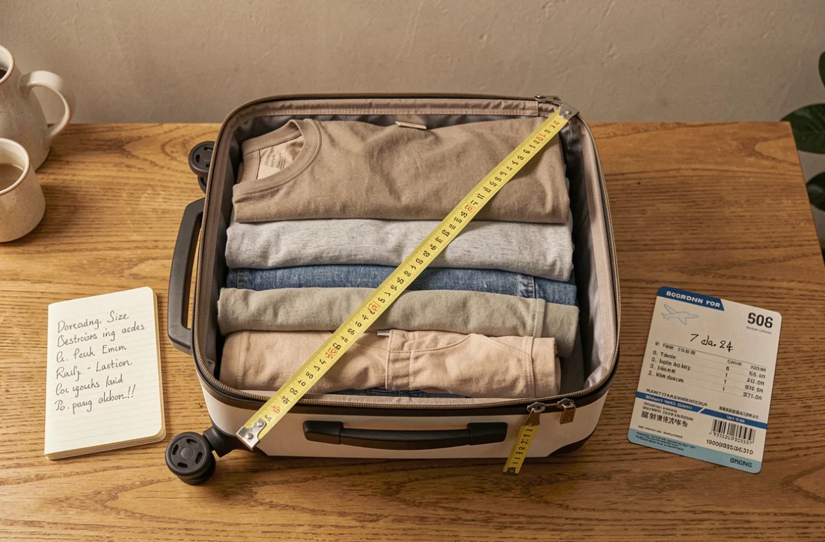 Préparation valise cabine à la maison avec ruban de mesure et restrictions de taille compagnie aérienne notées